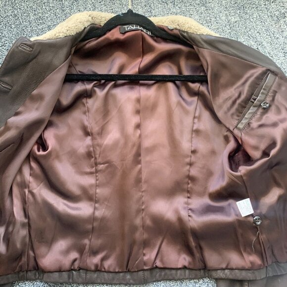 Tahari Shearling Aviator Jacket Women Size S-M Brown Genuine Leather & Lamb Fur - Picture 4 of 11